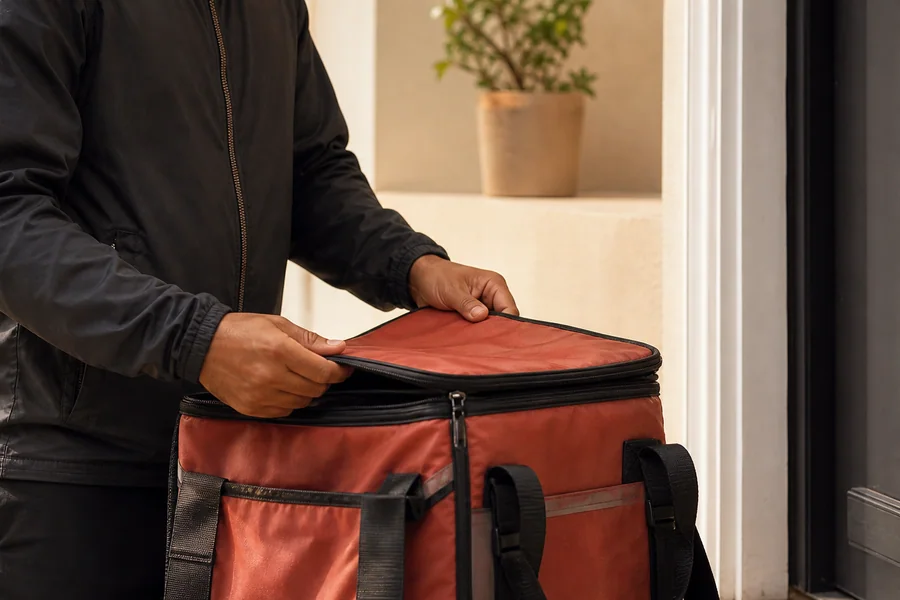 Delivery worker carrying an unbranded insulated bag