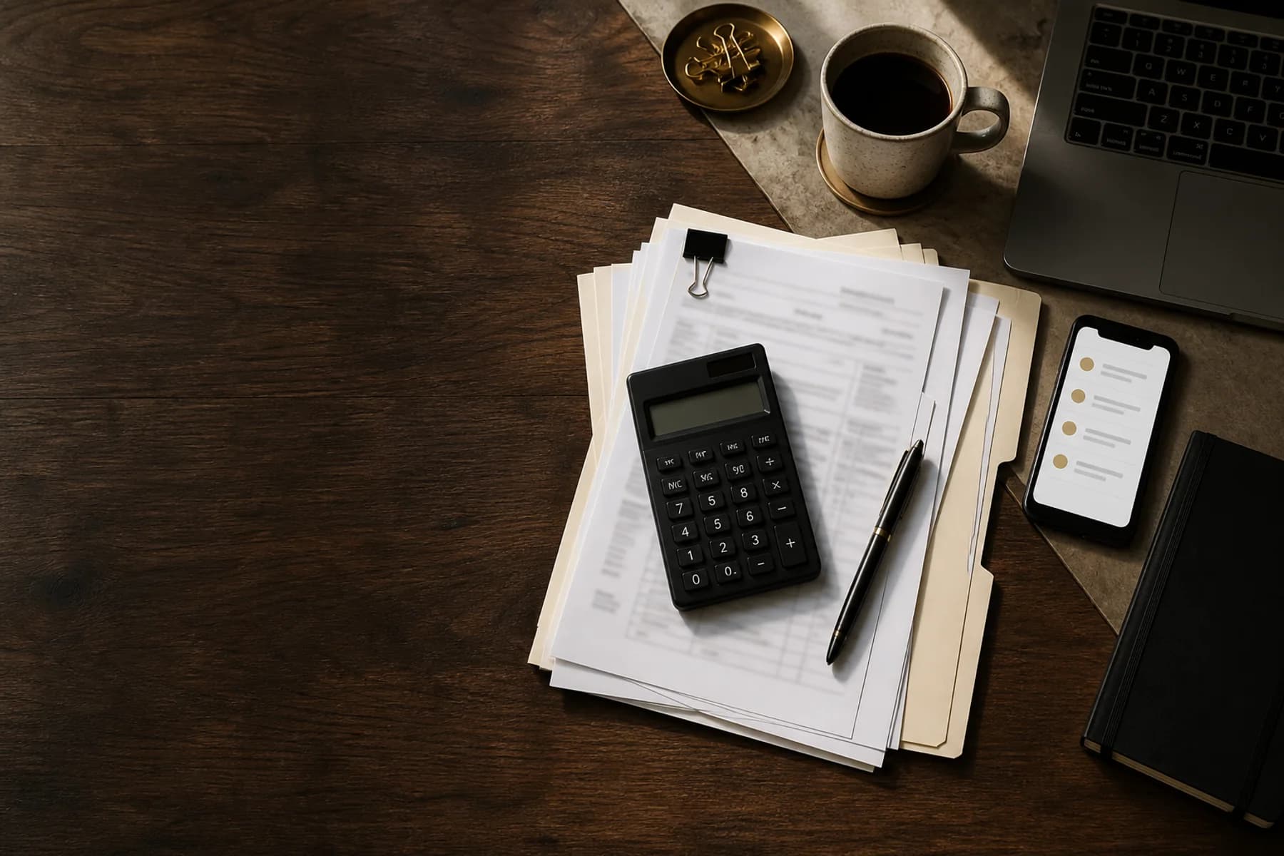 Organized tax documents, calculator, phone, and coffee on a warm desk