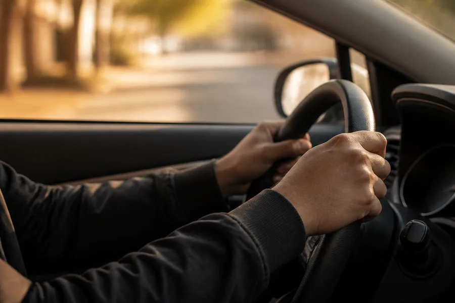 Hands of a rideshare driver at the wheel
