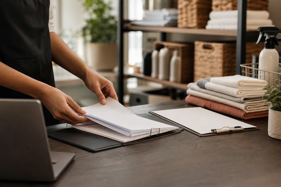 Owner organizing a small service-business workspace