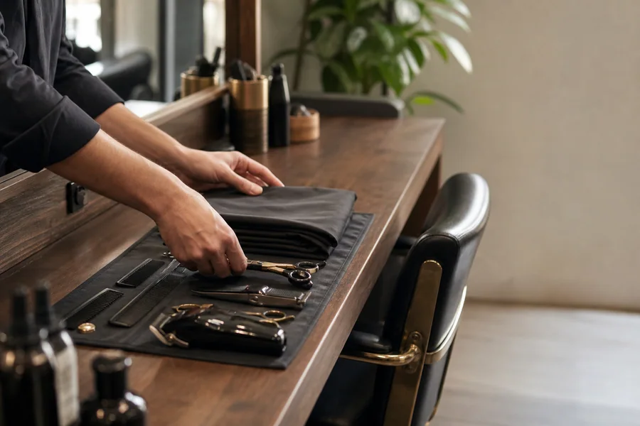 Hands preparing a professional salon station